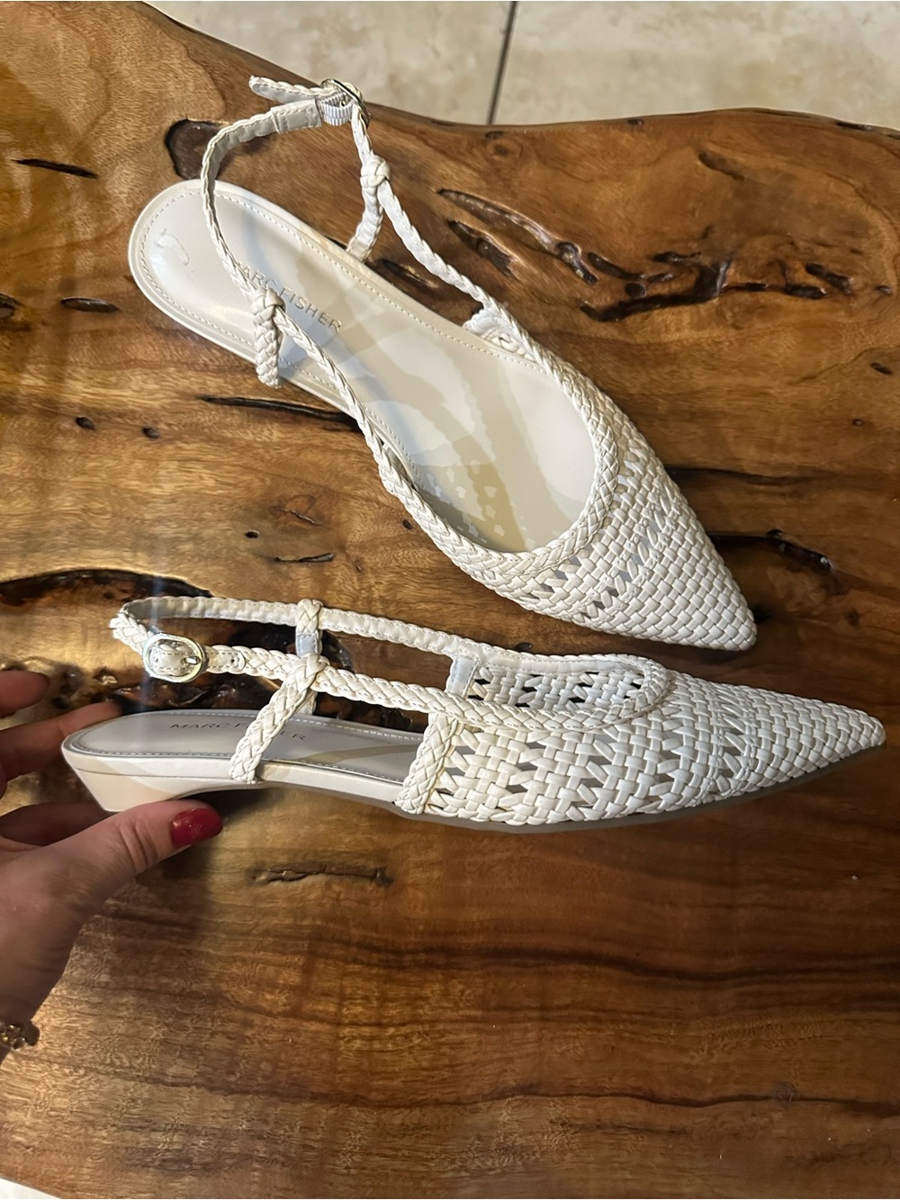 Marc Fisher Woven Leather Slingback Flats White Pointed Toe Ballet Shoes Size 9.